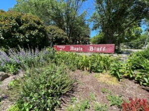 A red wooden sign reading Village of Maple Bluff stands among green plants and purple flowers, with tall trees and a clear blue sky in the background.