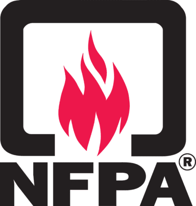 NFPA logo featuring a red flame inside a black square outline, with the text NFPA in bold black letters below the image.