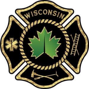 A black and gold firefighter emblem with a green maple leaf at the center, the word Wisconsin above, and icons of a medical symbol, ladder, and crossed axes in each corner.