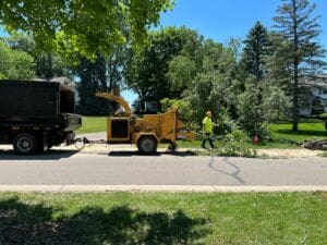 A worker in a yellow shirt and helmet operates a wood chipper, feeding tree branches into the machine near a black truck on a sunny suburban street lined with green trees.