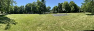 A wide grassy park with tall trees, a basketball court with two hoops on the right, picnic tables on the left, and houses in the background under a clear blue sky.