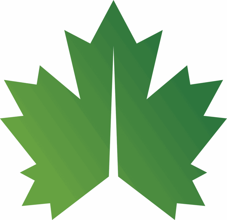 A stylized green maple leaf divided symmetrically down the center, with a gradient from light on the left to dark green on the right, set against a white background.