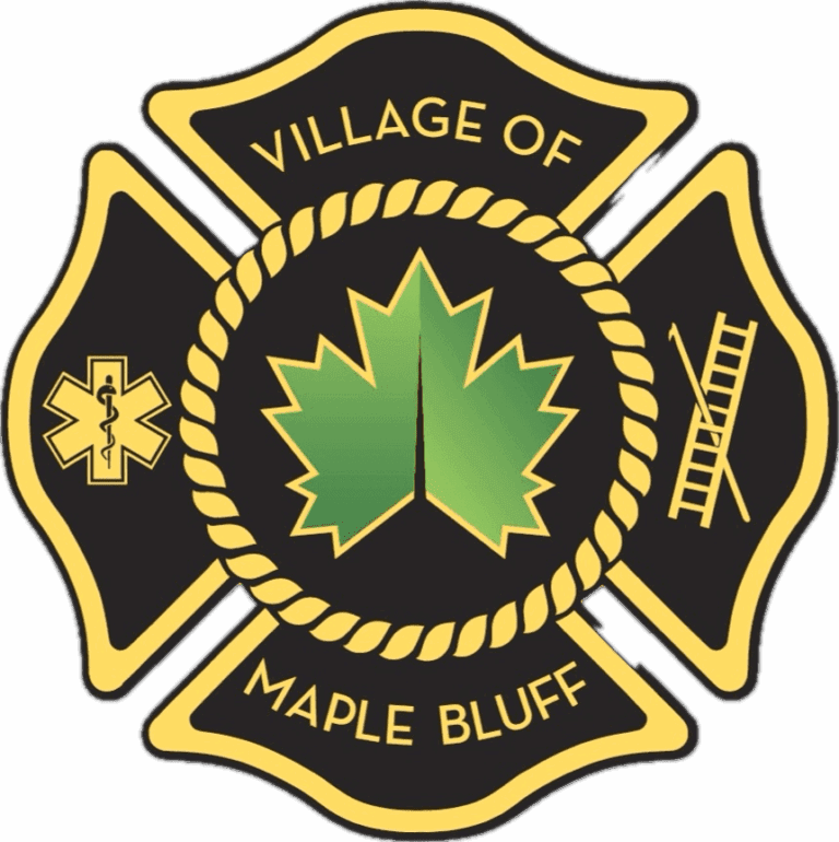 A black and gold firefighter badge with a green maple leaf in the center, surrounded by the words Village of Maple Bluff, featuring medical and firefighting symbols on the sides.